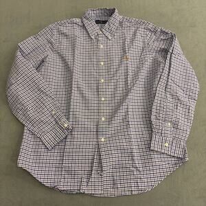 Ralph Lauren Classic Fit Shirt Men's XL White/Blue Plaid Long Sleeved Preppy